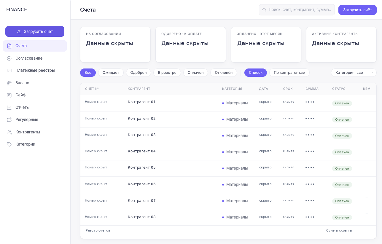 Реестр счетов: контрагенты, суммы и реквизиты скрыты